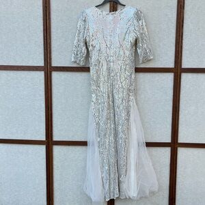 Vintage Short Sleeve Sparkly Beaded Sequin Lined Tulle Dress Built in Bra - M